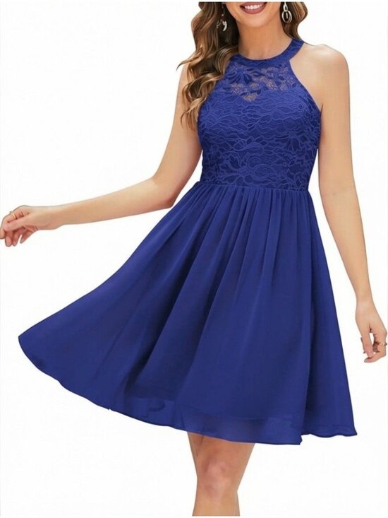 Wedtrend Dresses & Skirts - Wedlands Blue Halter Lace Bodice Swing Dress Sz M Wedding Bridesmaid Homecoming